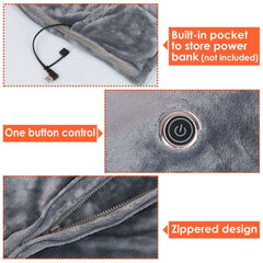 Electric Heated Poncho showing  the button control and zippered design and charger 