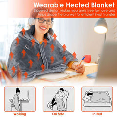 A lady in Electric Heated Poncho and some 2d demonstration of people on how to use Electric Heated Poncho