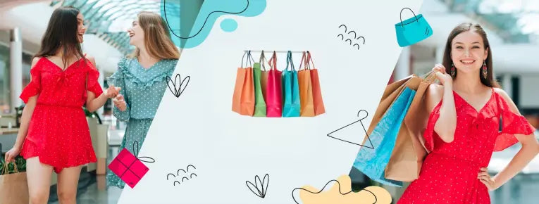 Two ladies smiling to each other and one holding a shopping bags